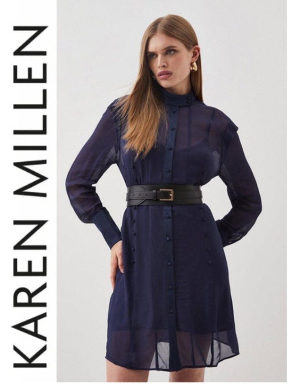 Karen Millen Navy Sheer Shirt Dress Button Front Long Sleeve Size 10